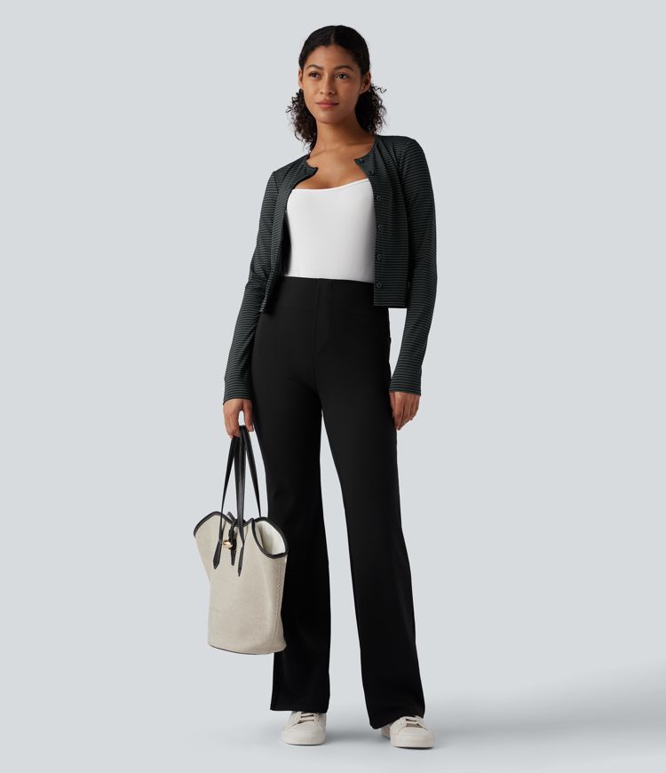 Top de travail rayé à col rond, manches longues et fermeture boutonnée