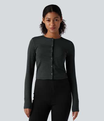 Top de travail rayé à col rond, manches longues et fermeture boutonnée