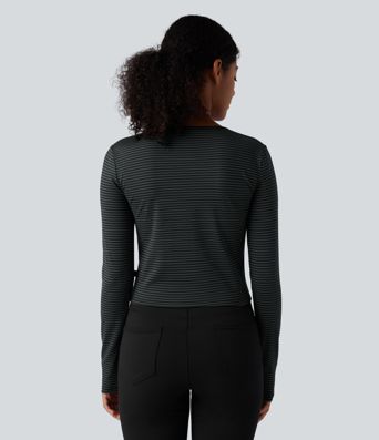 Top de travail rayé à col rond, manches longues et fermeture boutonnée