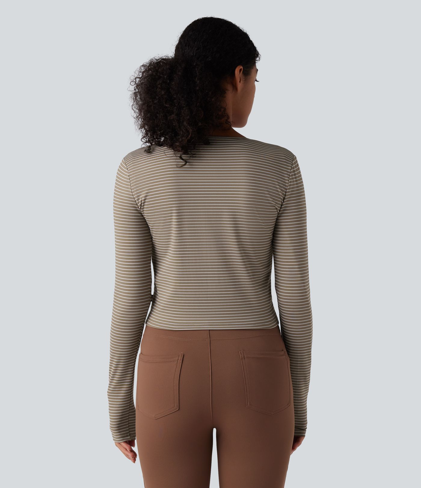 Round Neck Long Sleeve Button Fly Stripes Work Top