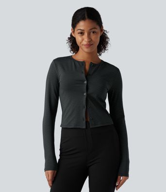 Top de travail rayé à col rond, manches longues et fermeture boutonnée