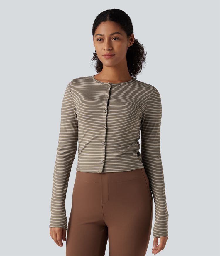 Round Neck Long Sleeve Button Fly Stripes Work Top