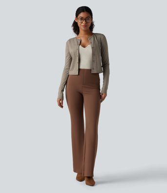 Round Neck Long Sleeve Button Fly Stripes Work Top