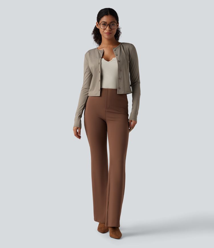 Round Neck Long Sleeve Button Fly Stripes Work Top