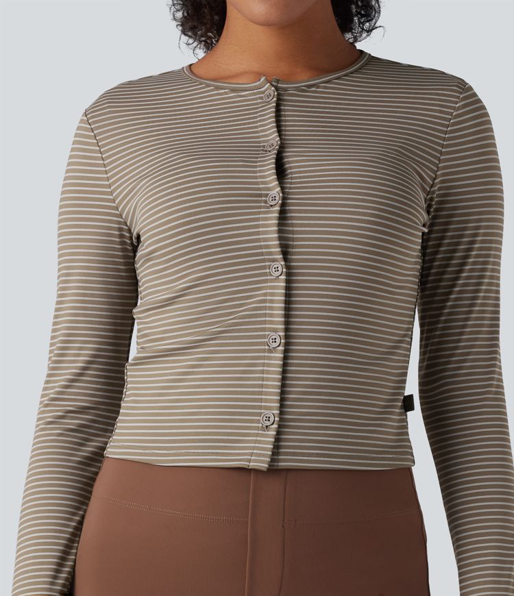 Round Neck Long Sleeve Button Fly Stripes Work Top