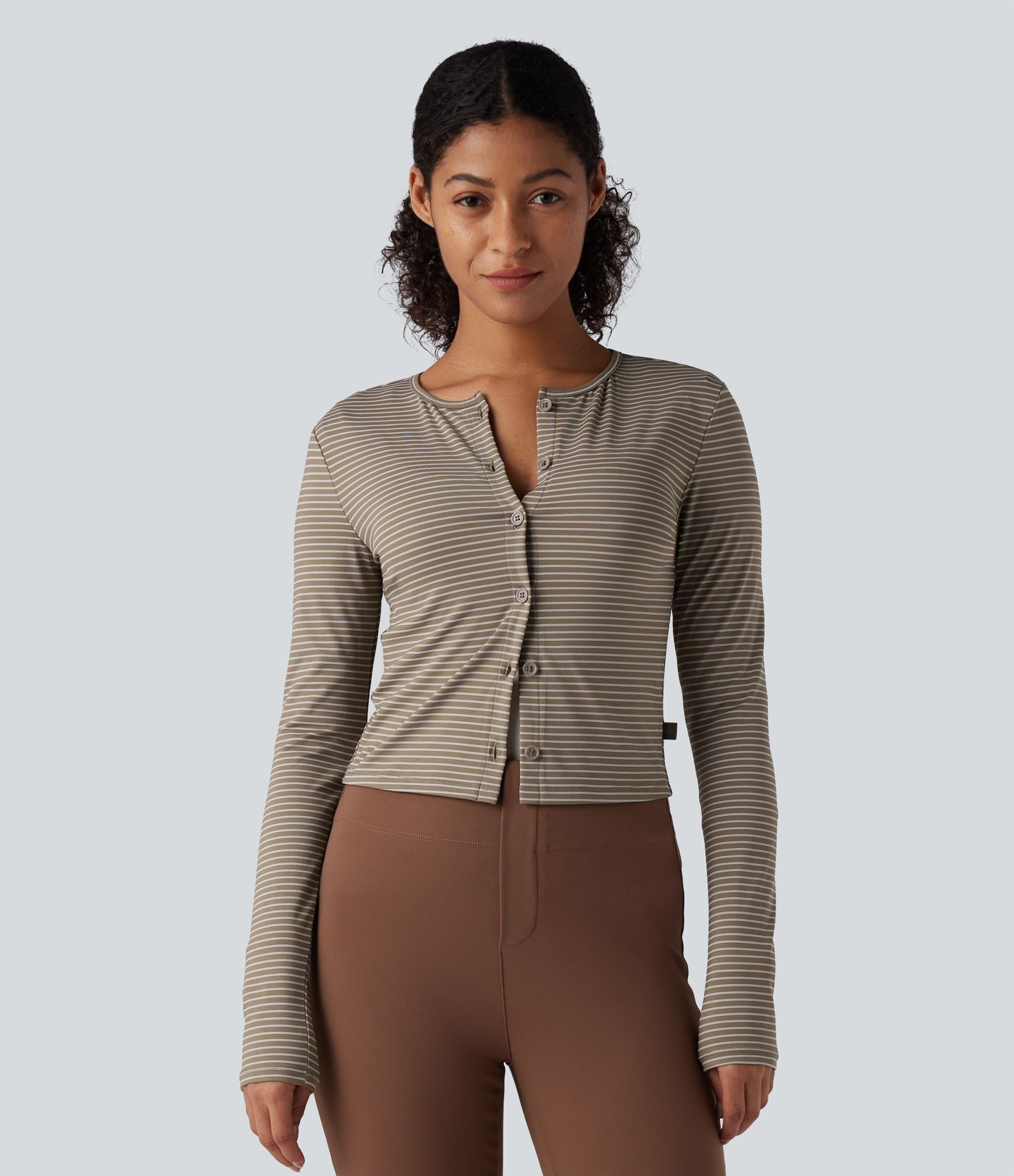 Round Neck Long Sleeve Button Fly Stripes Work Top