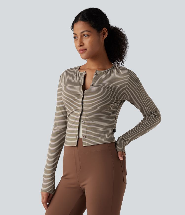 Round Neck Long Sleeve Button Fly Stripes Work Top