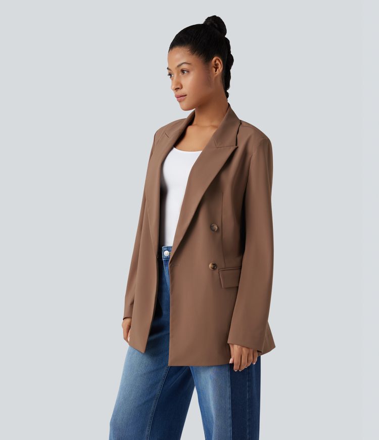 Pecan Pie Notched Collar Long Sleeve Work Blazer with Pockets / 1