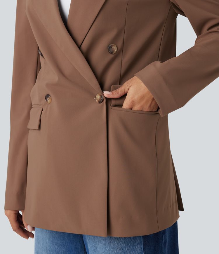 Wrinkle-resistant Notched Collar Long Sleeve Work Blazer with Pockets