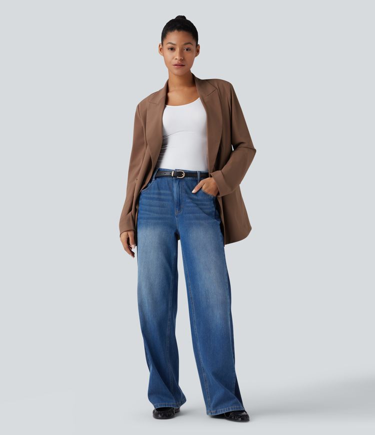 Wrinkle-resistant Notched Collar Long Sleeve Work Blazer with Pockets