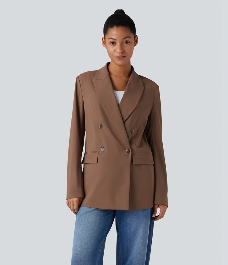 Wrinkle-resistant Notched Collar Long Sleeve Work Blazer with Pockets