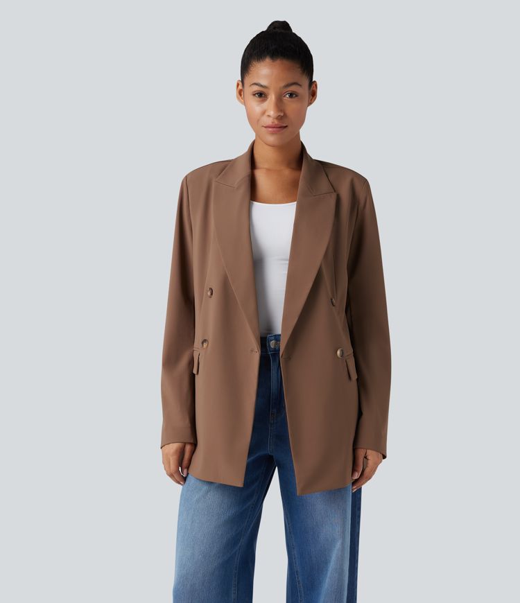 Wrinkle-resistant Notched Collar Long Sleeve Work Blazer with Pockets