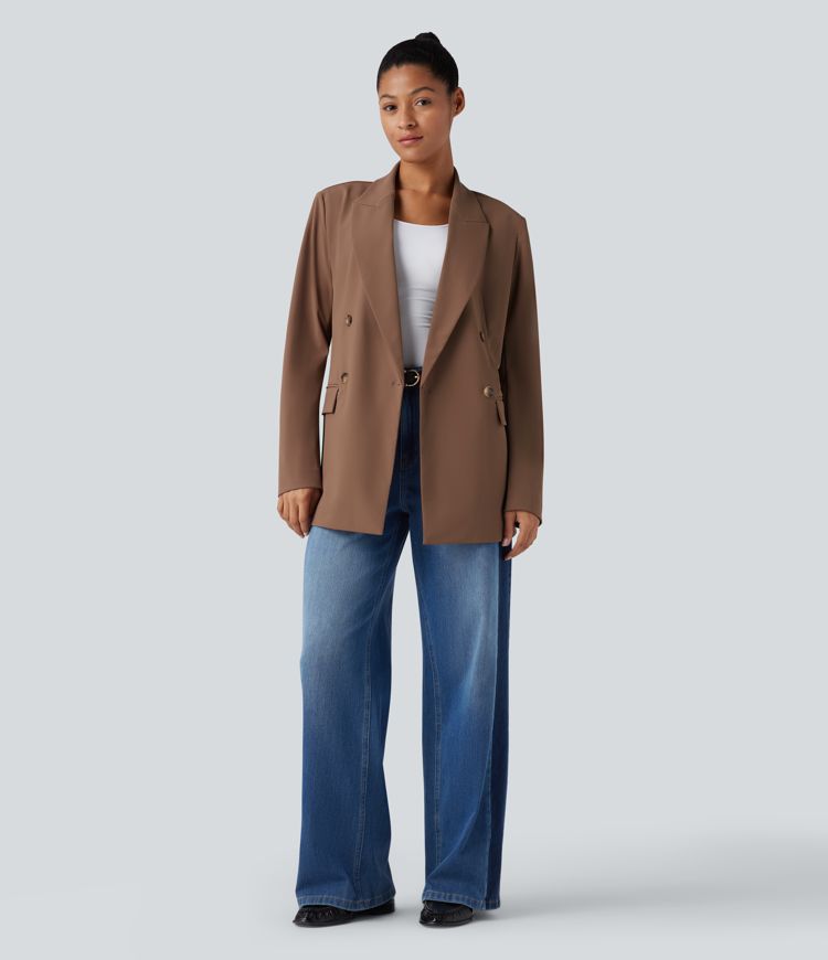 Wrinkle-resistant Notched Collar Long Sleeve Work Blazer with Pockets