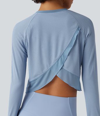 Round Neck Long Sleeve Thumb Hole Eyelet Workout Sports Top
