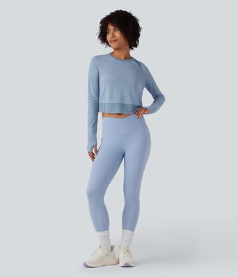 Round Neck Long Sleeve Thumb Hole Eyelet Workout Sports Top