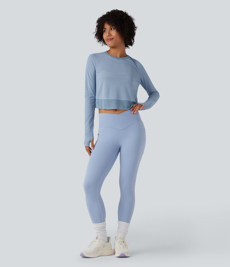 Round Neck Long Sleeve Thumb Hole Eyelet Workout Sports Top