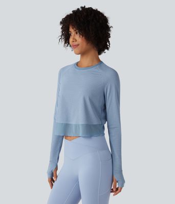 Round Neck Long Sleeve Thumb Hole Eyelet Workout Sports Top