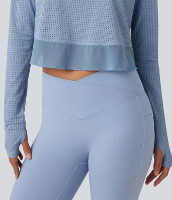 Round Neck Long Sleeve Thumb Hole Eyelet Workout Sports Top