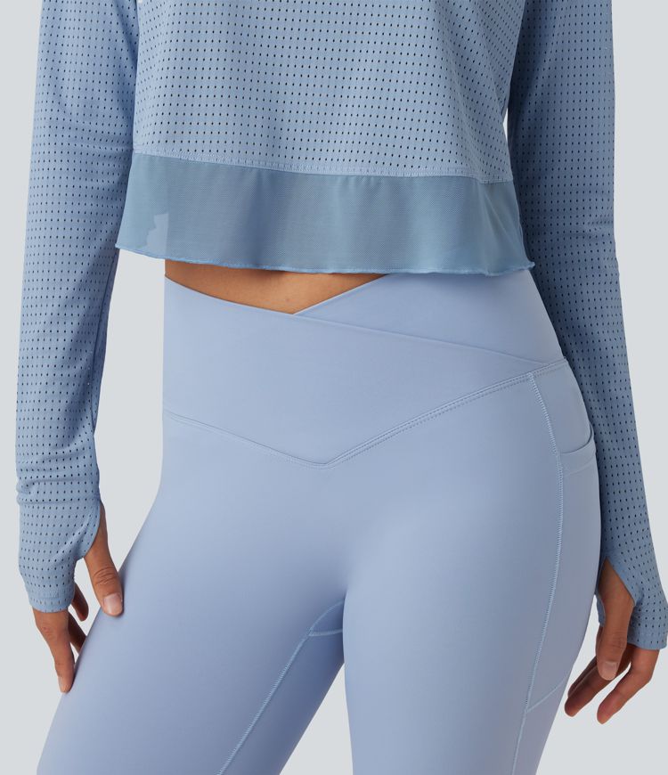 Round Neck Long Sleeve Thumb Hole Eyelet Workout Sports Top