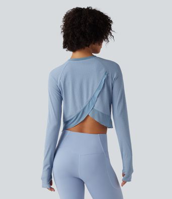 Round Neck Long Sleeve Thumb Hole Eyelet Workout Sports Top