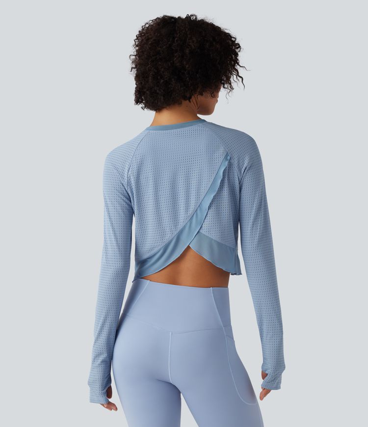 Round Neck Long Sleeve Thumb Hole Eyelet Workout Sports Top