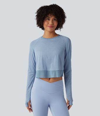 Round Neck Long Sleeve Thumb Hole Eyelet Workout Sports Top