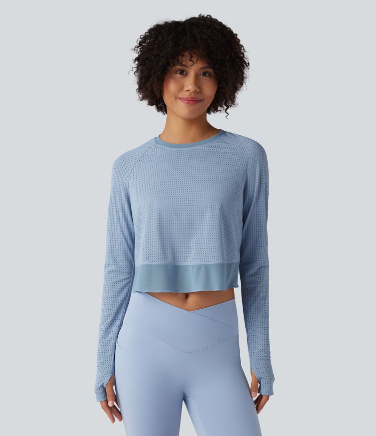 Round Neck Long Sleeve Thumb Hole Eyelet Workout Sports Top