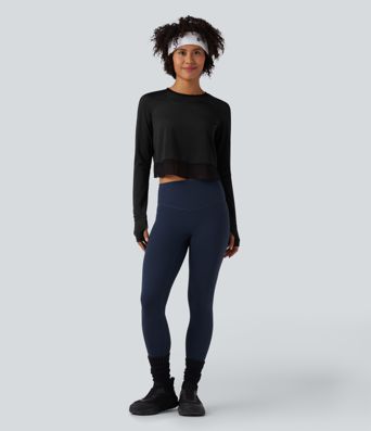 Round Neck Long Sleeve Thumb Hole Eyelet Workout Sports Top