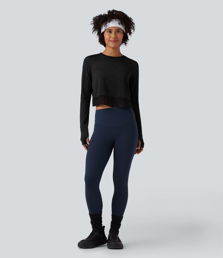 Round Neck Long Sleeve Thumb Hole Eyelet Workout Sports Top