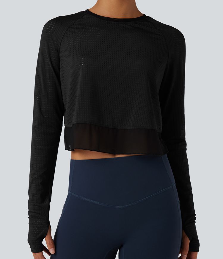 Round Neck Long Sleeve Thumb Hole Eyelet Workout Sports Top