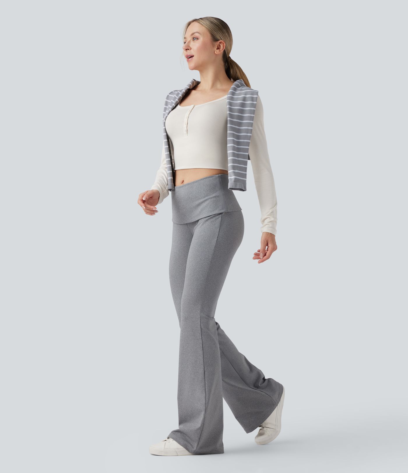 Foldover Mid Rise Casual Bootcut Pants
