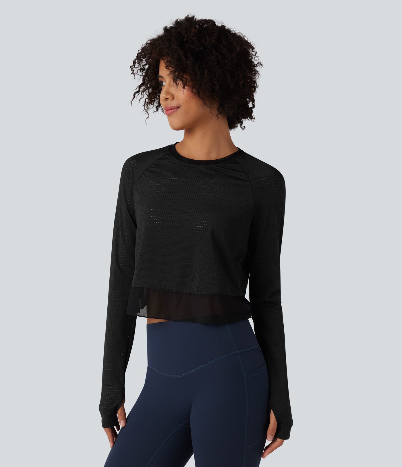 Round Neck Long Sleeve Thumb Hole Eyelet Workout Sports Top
