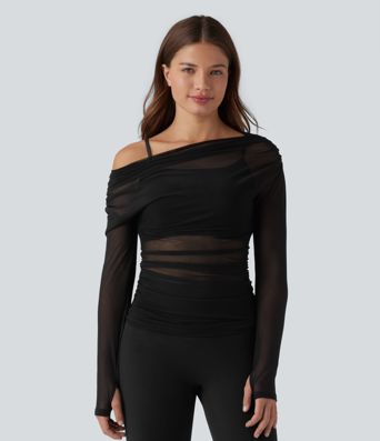 Top sport yoga 2-en-1 asymétrique une épaule manches longues mesh à fronces et trous pour les pouces