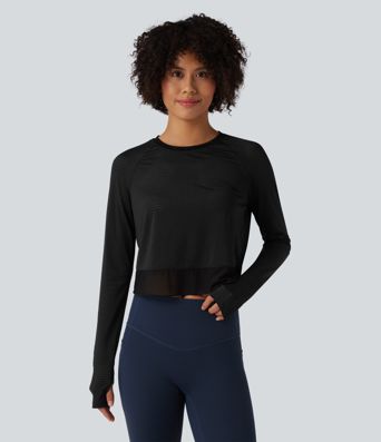 Round Neck Long Sleeve Thumb Hole Eyelet Workout Sports Top