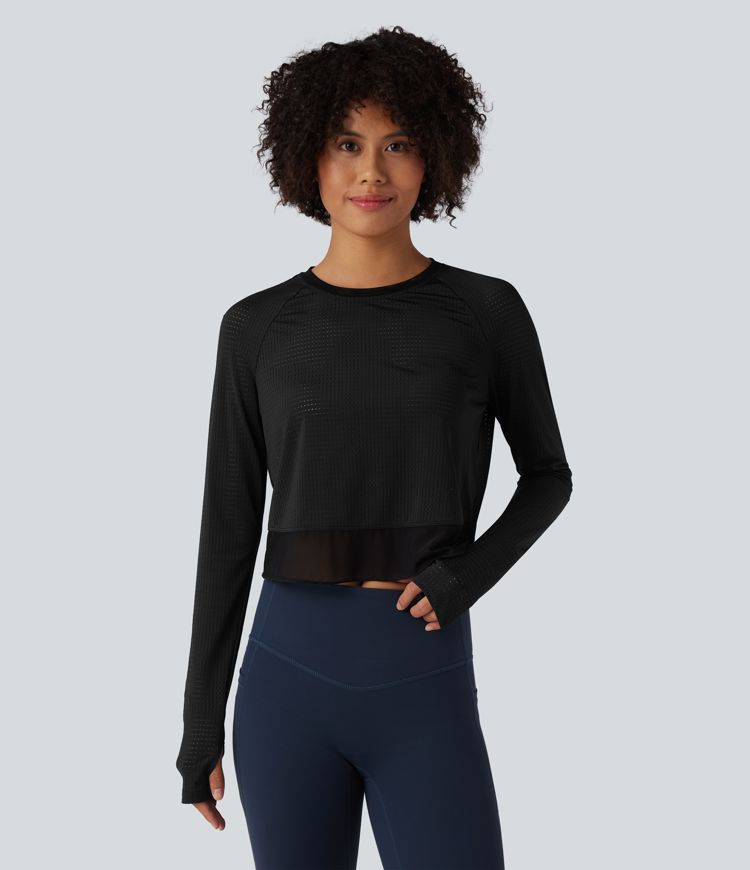 Round Neck Long Sleeve Thumb Hole Eyelet Workout Sports Top