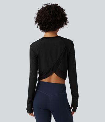Round Neck Long Sleeve Thumb Hole Eyelet Workout Sports Top