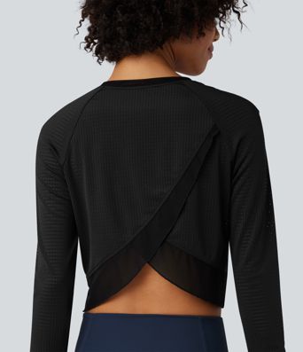 Round Neck Long Sleeve Thumb Hole Eyelet Workout Sports Top
