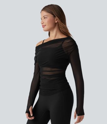 Top sport yoga 2-en-1 asymétrique une épaule manches longues mesh à fronces et trous pour les pouces