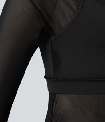 Top sport yoga 2-en-1 asymétrique une épaule manches longues mesh à fronces et trous pour les pouces