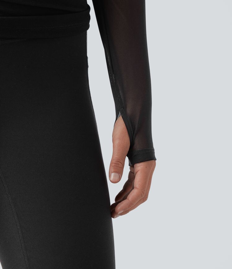 Top sport yoga 2-en-1 asymétrique une épaule manches longues mesh à fronces et trous pour les pouces