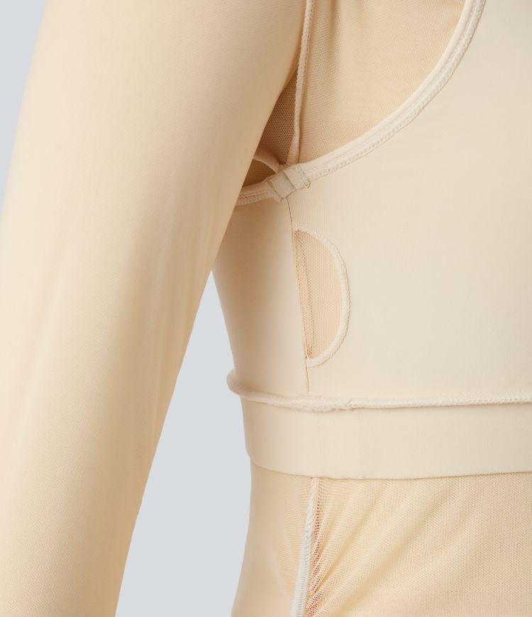 One-shoulder Long Sleeve Thumb Holes Ruched Mesh 2-in-1 Yoga Sports Top