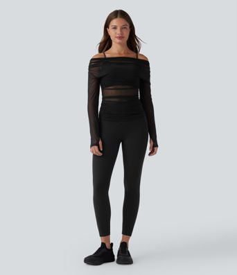 Top sport yoga 2-en-1 asymétrique une épaule manches longues mesh à fronces et trous pour les pouces