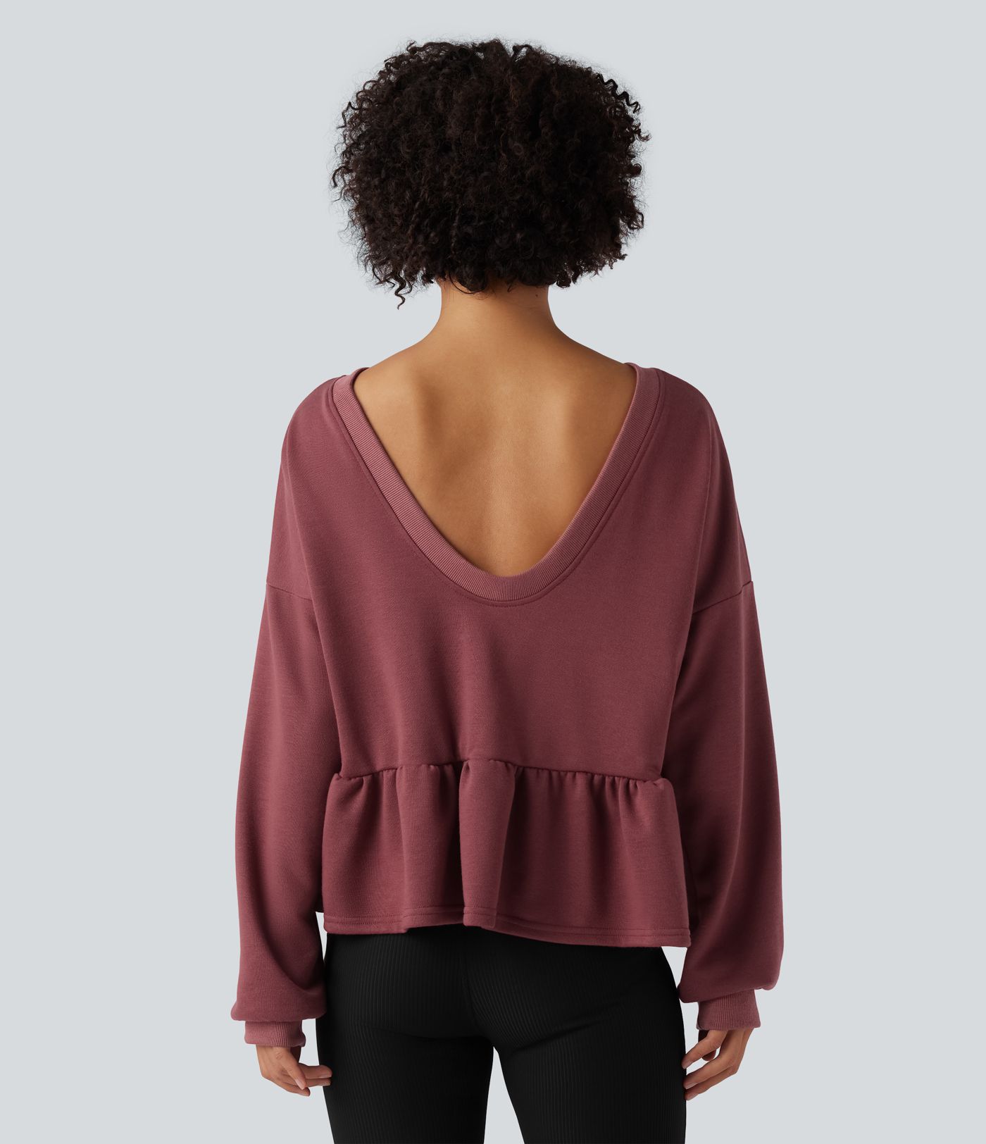 Sweat-shirt décontracté à dos en V, manches longues et ourlet à volants