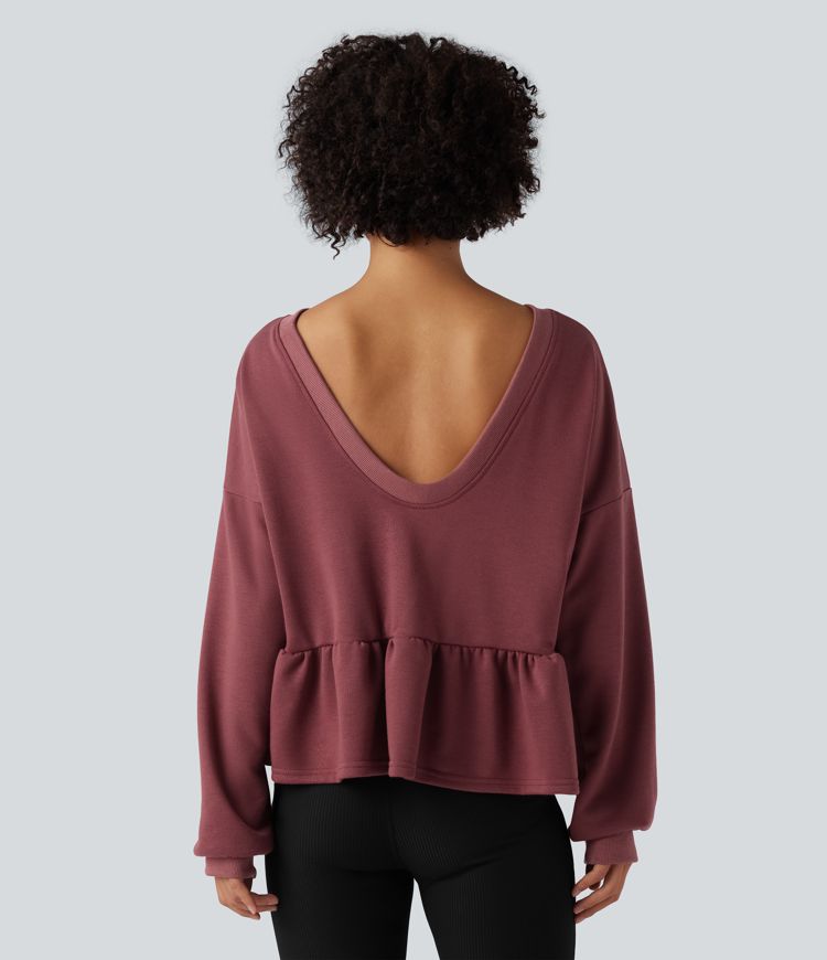 Sweat-shirt décontracté à dos en V, manches longues et ourlet à volants