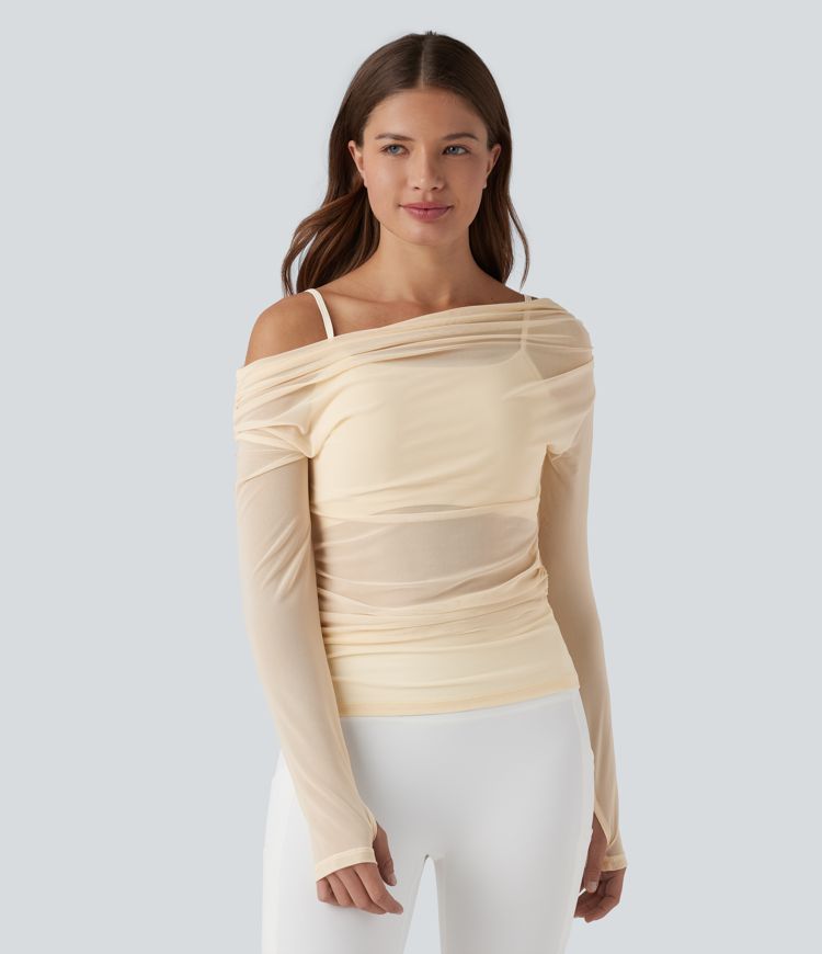 One-shoulder Long Sleeve Thumb Holes Ruched Mesh 2-in-1 Yoga Sports Top
