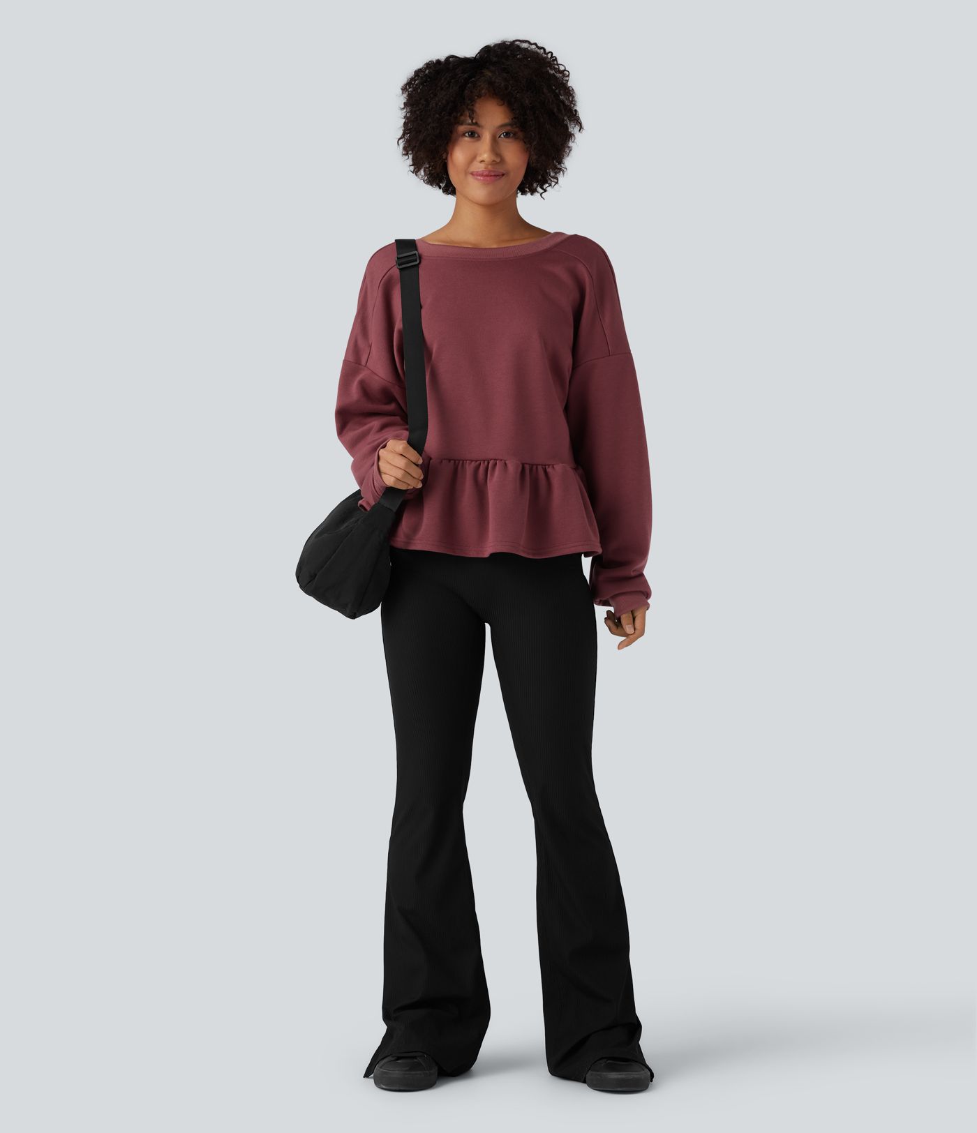 Sweat-shirt décontracté à dos en V, manches longues et ourlet à volants