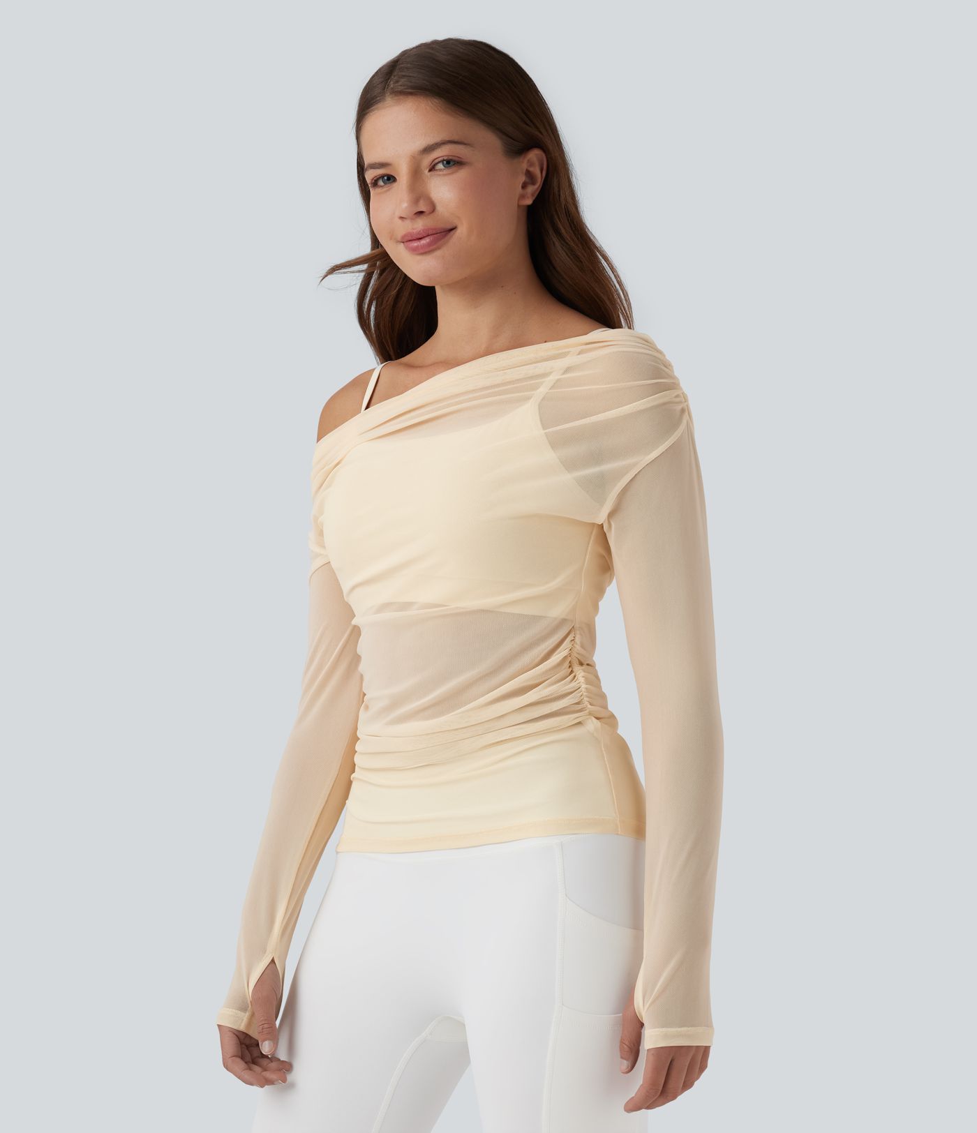 One-shoulder Long Sleeve Thumb Holes Ruched Mesh 2-in-1 Yoga Sports Top