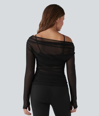Top sport yoga 2-en-1 asymétrique une épaule manches longues mesh à fronces et trous pour les pouces