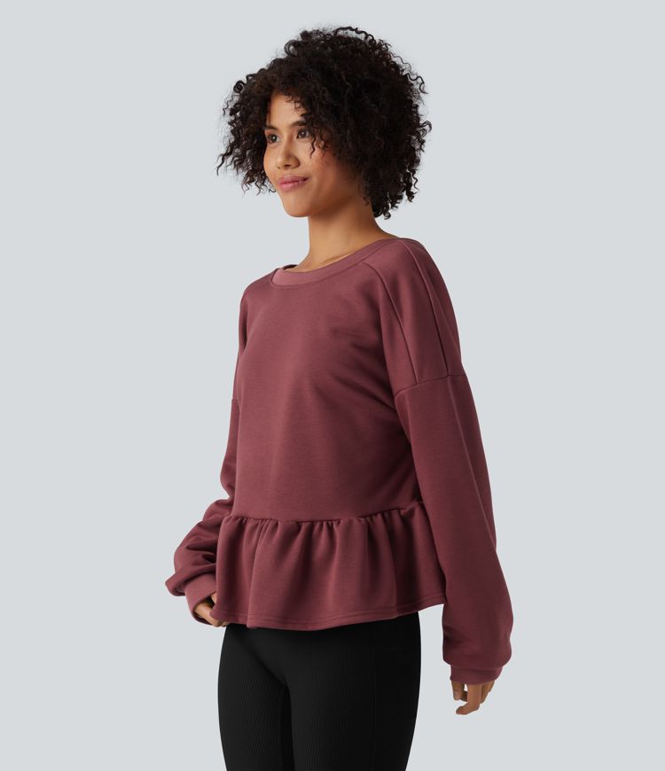 Sweat-shirt décontracté à dos en V, manches longues et ourlet à volants