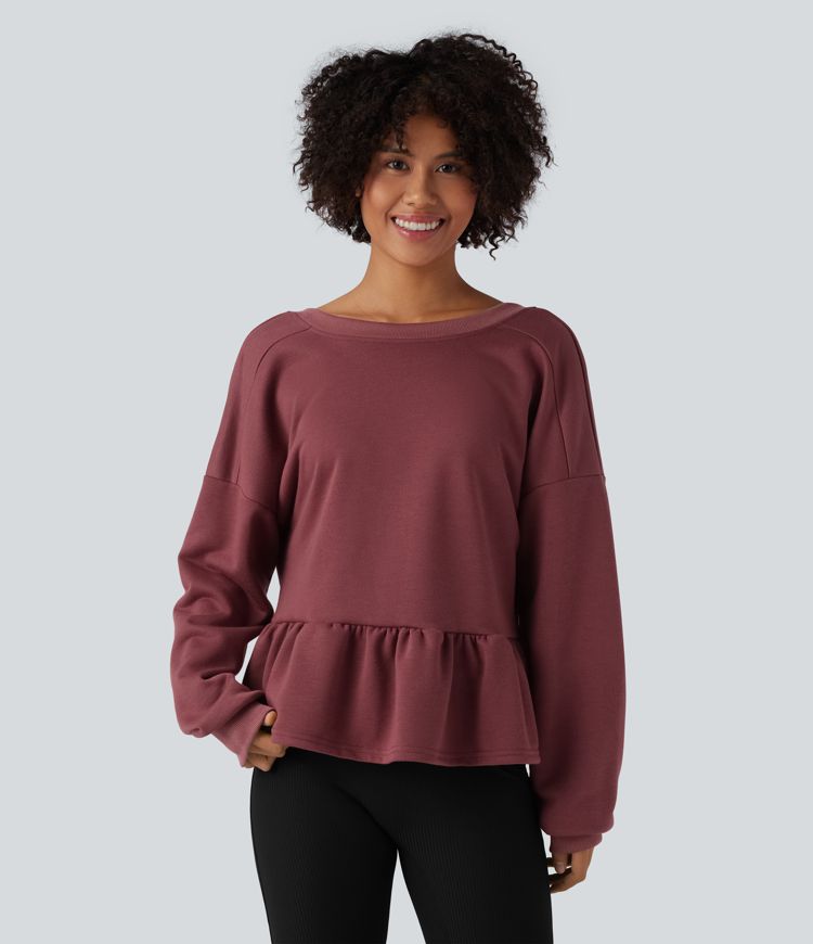 Sweat-shirt décontracté à dos en V, manches longues et ourlet à volants